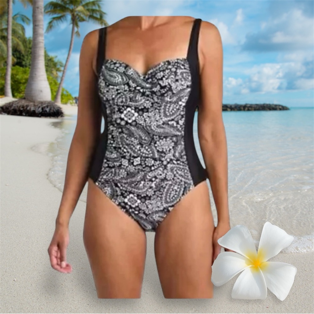 Liz Claiborne Women’s 1-Piece
Black & White Paisley Print Bikini Swimsuit Size 6